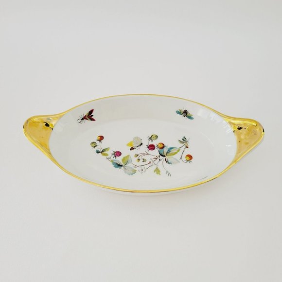 Royal Worcester Strawberry Fair Gold Trim Oval Baking Dish Size 10 Butterflies - Picture 2 of 13
